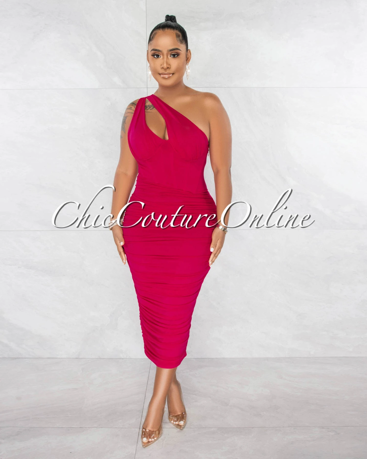 Kevina Fuchsia Mesh Drape Corset Midi Dress - Image 2