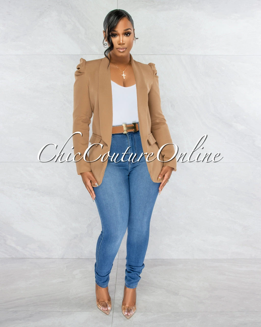 Dorcas Mocha Bubble Sleeves Long Blazer - Image 2