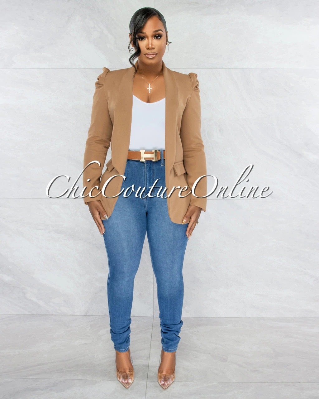 Dorcas Mocha Bubble Sleeves Long Blazer - Image 3