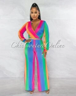 Sheila Blue Orange Ombré Multi-Color Stripes Jumpsuit
