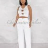 Lancome Off-White Pleated Wide Linen Pants