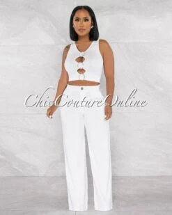 Lancome Off-White Pleated Wide Linen Pants