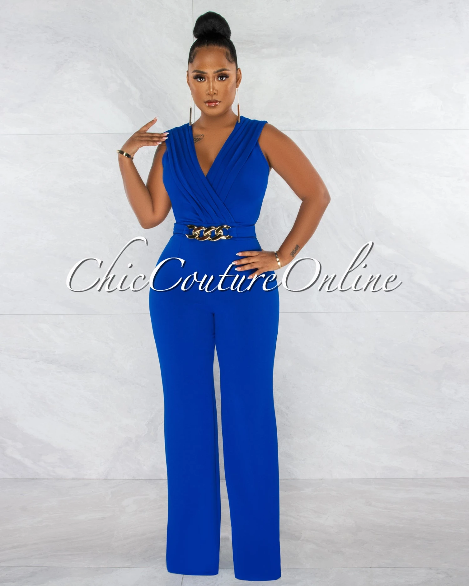 Aimee Royal Blue Pleated Bust Gold Link Jumpsuit - Image 2