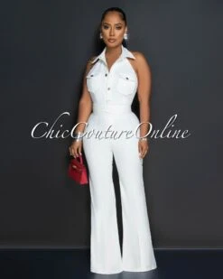 Licia Off-White Collared Halter Denim Jumpsuit