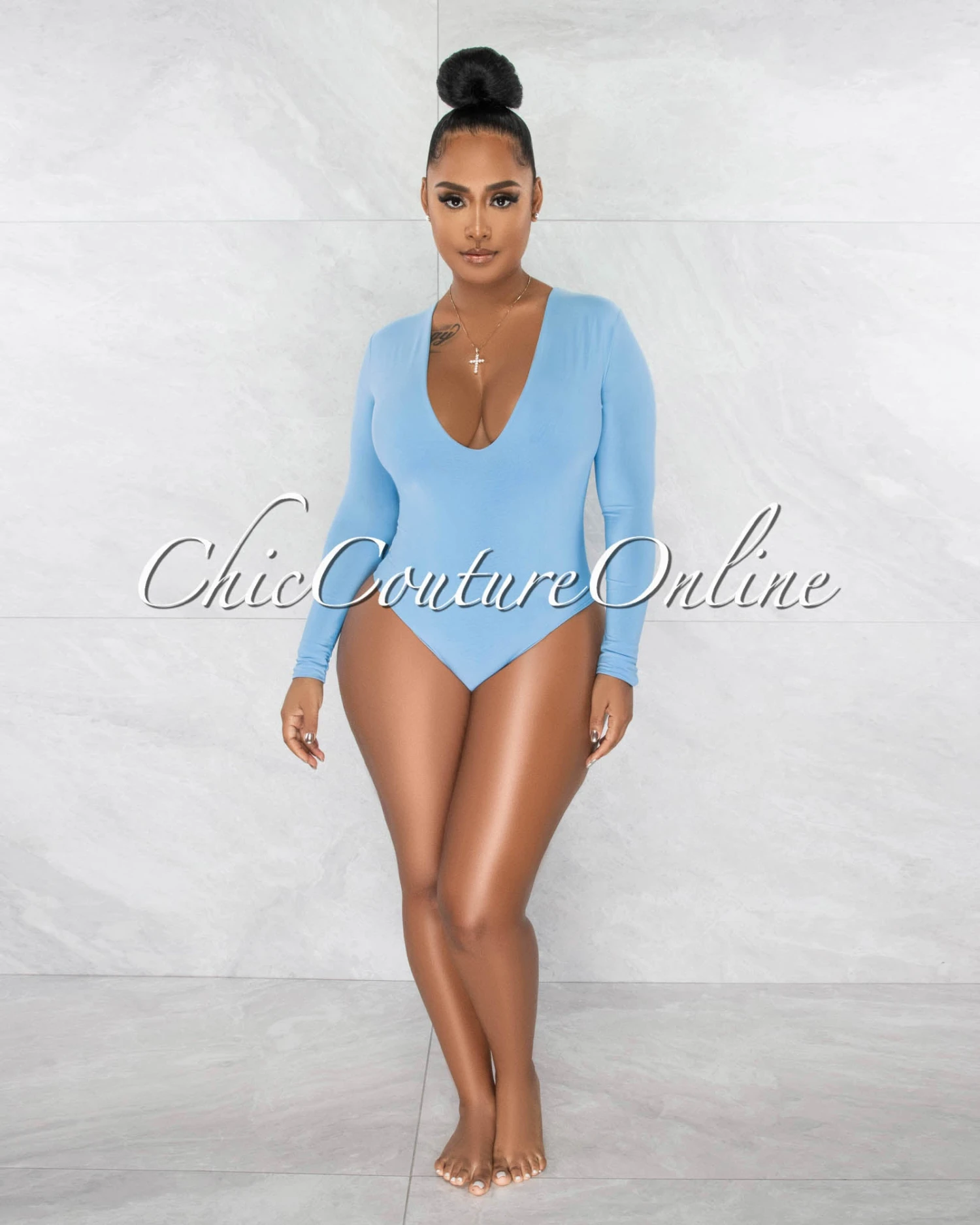 Nilam Baby Blue Deep V Neck Long Sleeves Bodysuit - Image 2