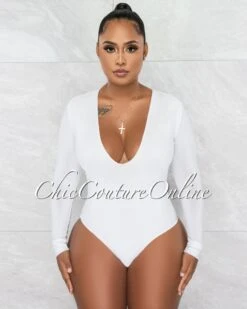 Nilam White Depp V Neck Long Sleeves Bodysuit