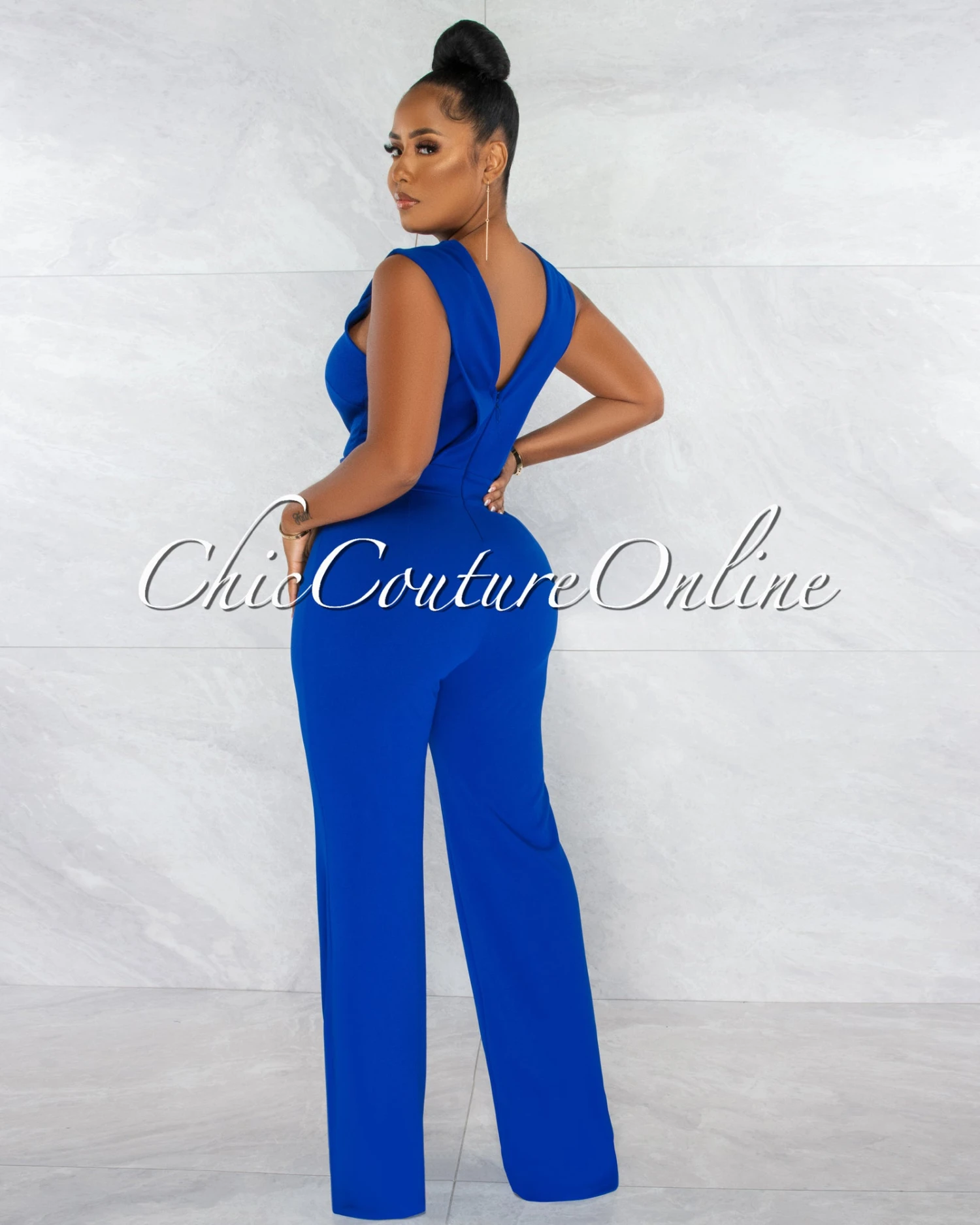 Aimee Royal Blue Pleated Bust Gold Link Jumpsuit - Image 3