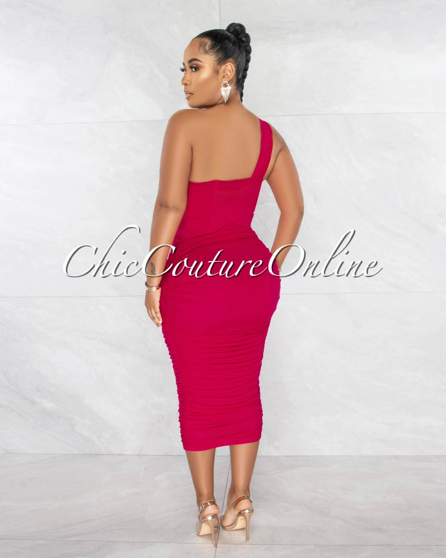 Kevina Fuchsia Mesh Drape Corset Midi Dress - Image 3