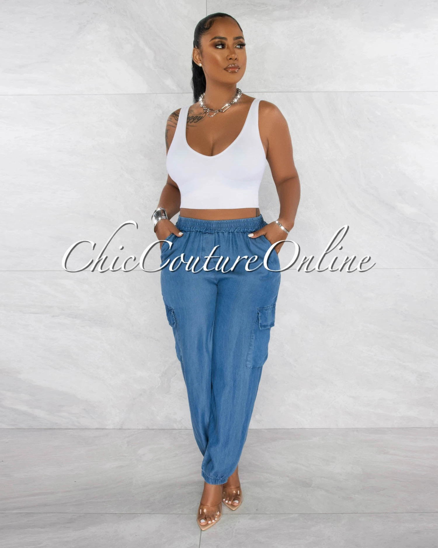 Makeda Medium Blue Cargo Chambray Jogger Pants - Image 2