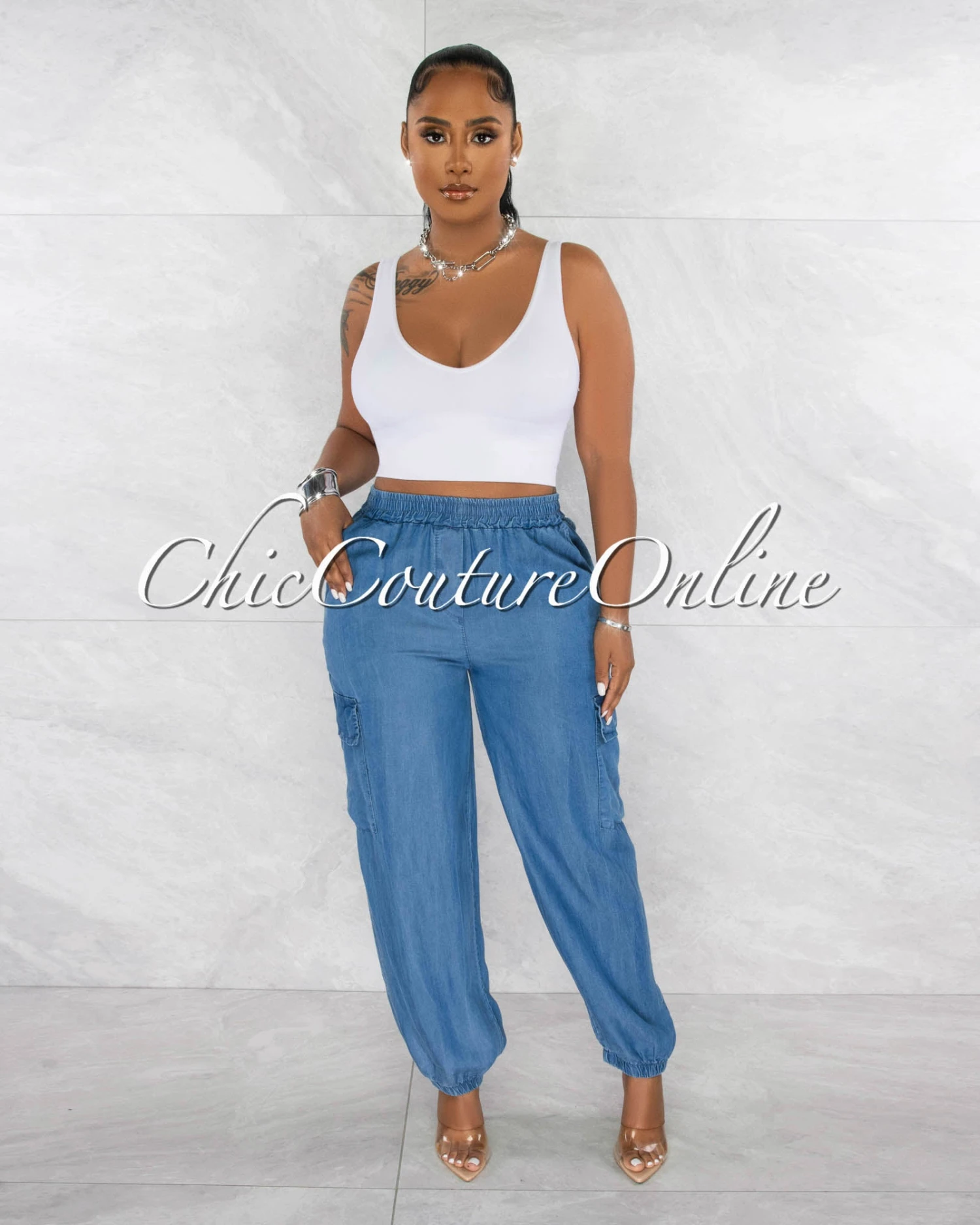Makeda Medium Blue Cargo Chambray Jogger Pants