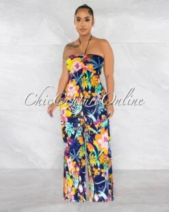 Sabrina Navy Multi-Color Floral Print Wide Legs Jumpsuit