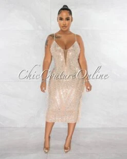Ariana Nude Rhinestones Pearls & Feathers Midi Dress