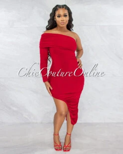 Brendy Red Ruched Single Long Sleeve Dress
