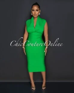 Fernie Green V Neck Draped Bandage Midi Dress
