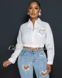 Orea Off-White Rhinestones Heart Pocket Crop Shirt