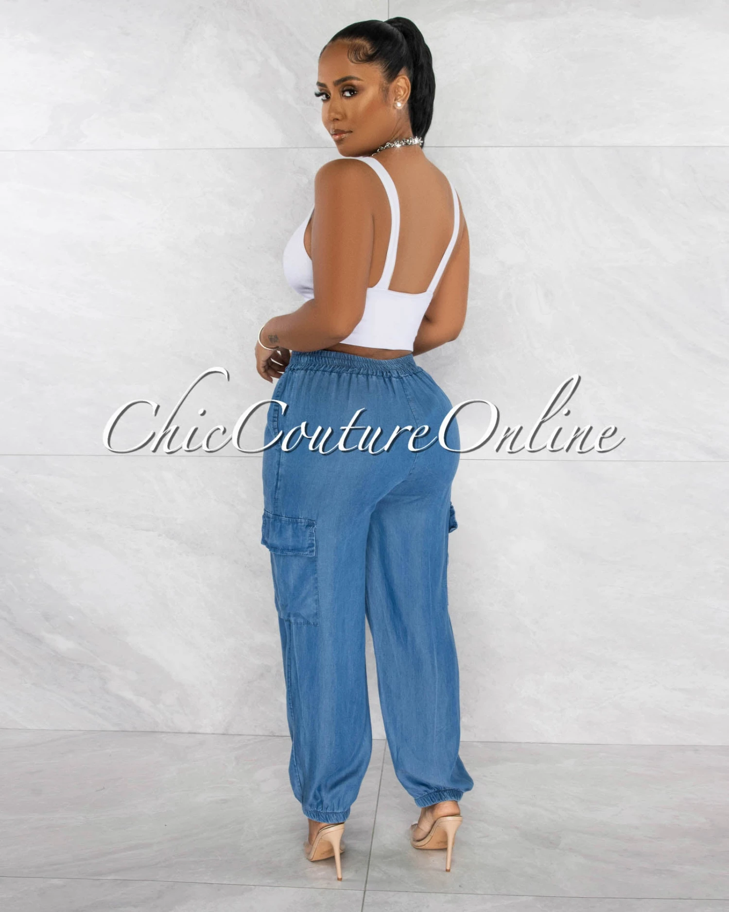 Makeda Medium Blue Cargo Chambray Jogger Pants - Image 3