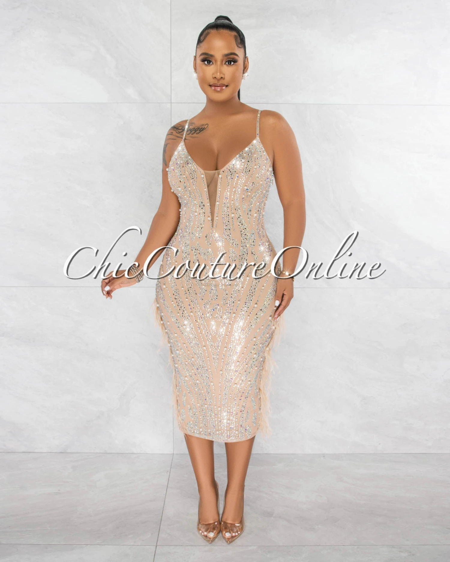 Ariana Nude Rhinestones Pearls & Feathers Midi Dress - Image 2