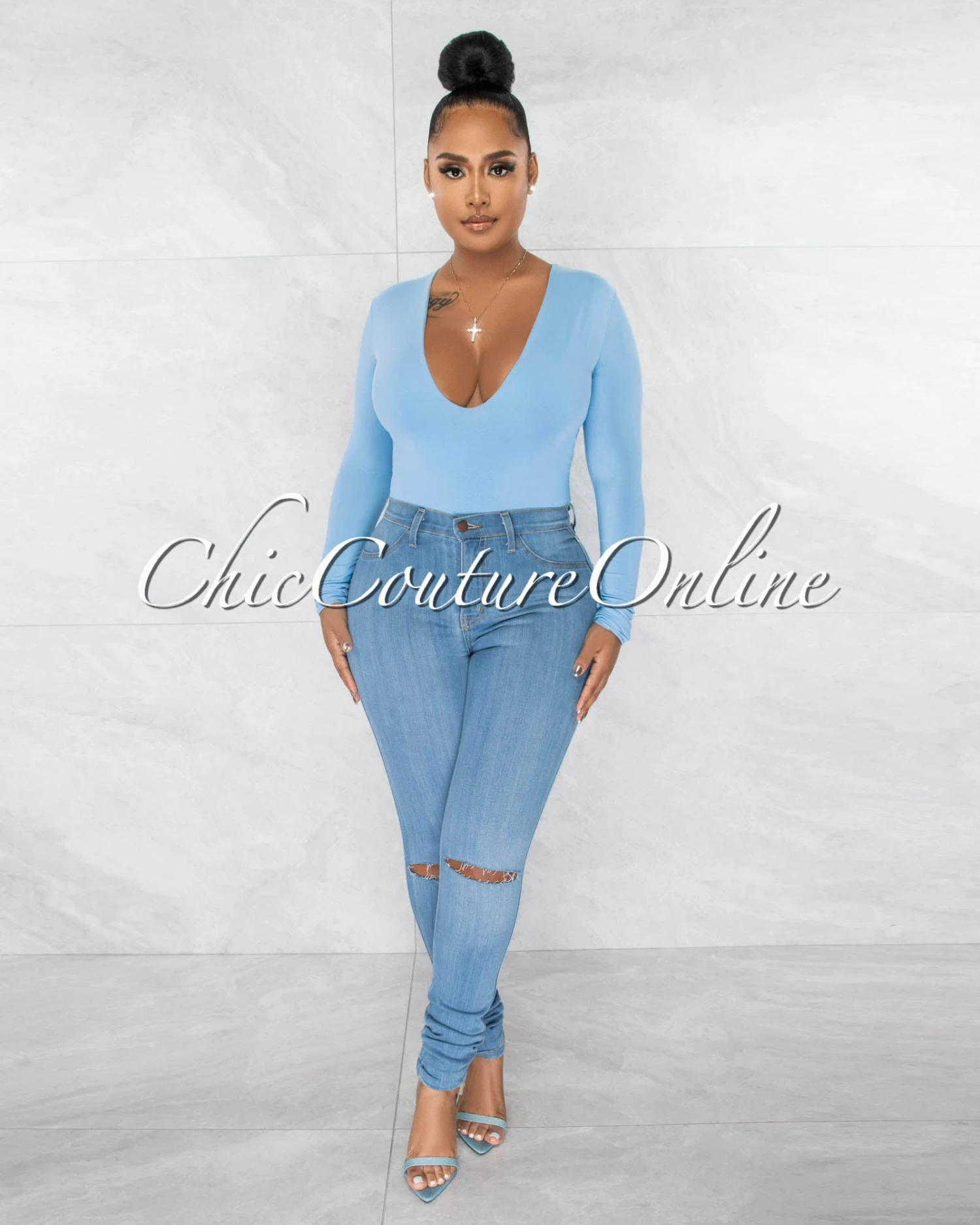 Nilam Baby Blue Deep V Neck Long Sleeves Bodysuit - Image 4