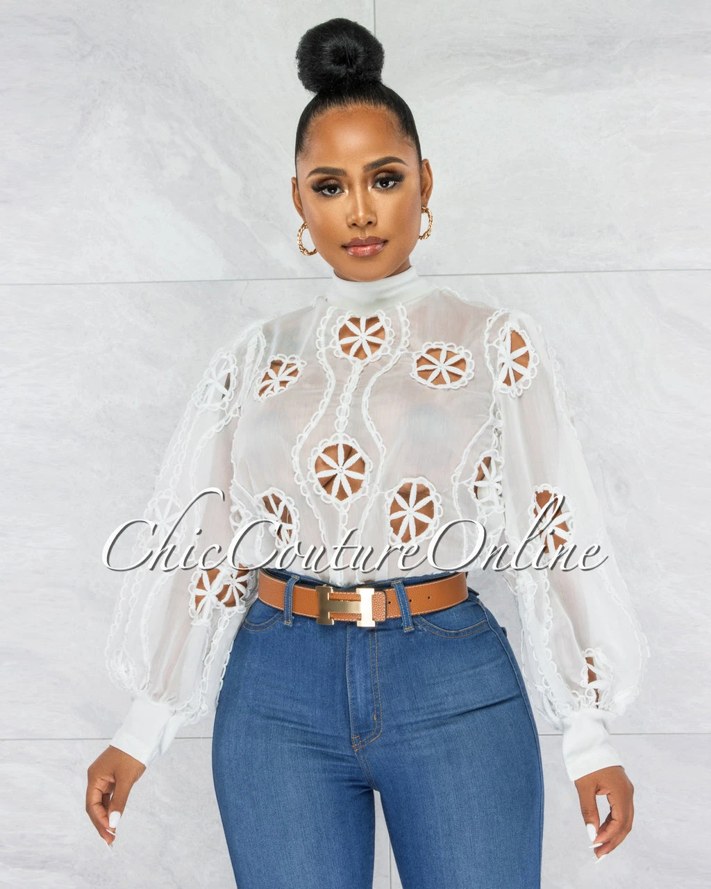 Sikina Off-White Sheer Embroidery Bodysuit - Image 4