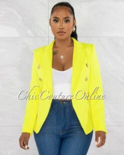 Zack Yellow Double Trench Gold Buttons Blazer