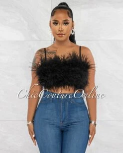 Norie Black Feathers Crop Top