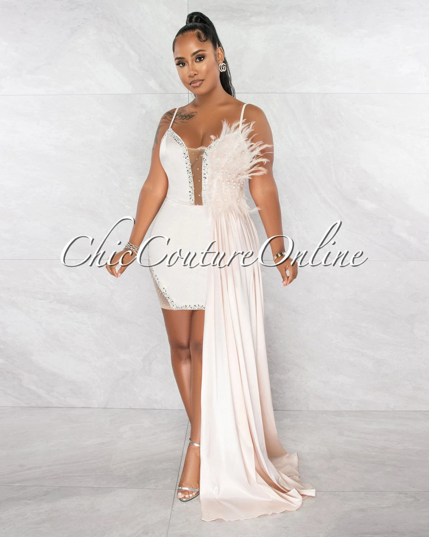 Udar Light Peach Feather Rhinestones Train Dress - Image 6