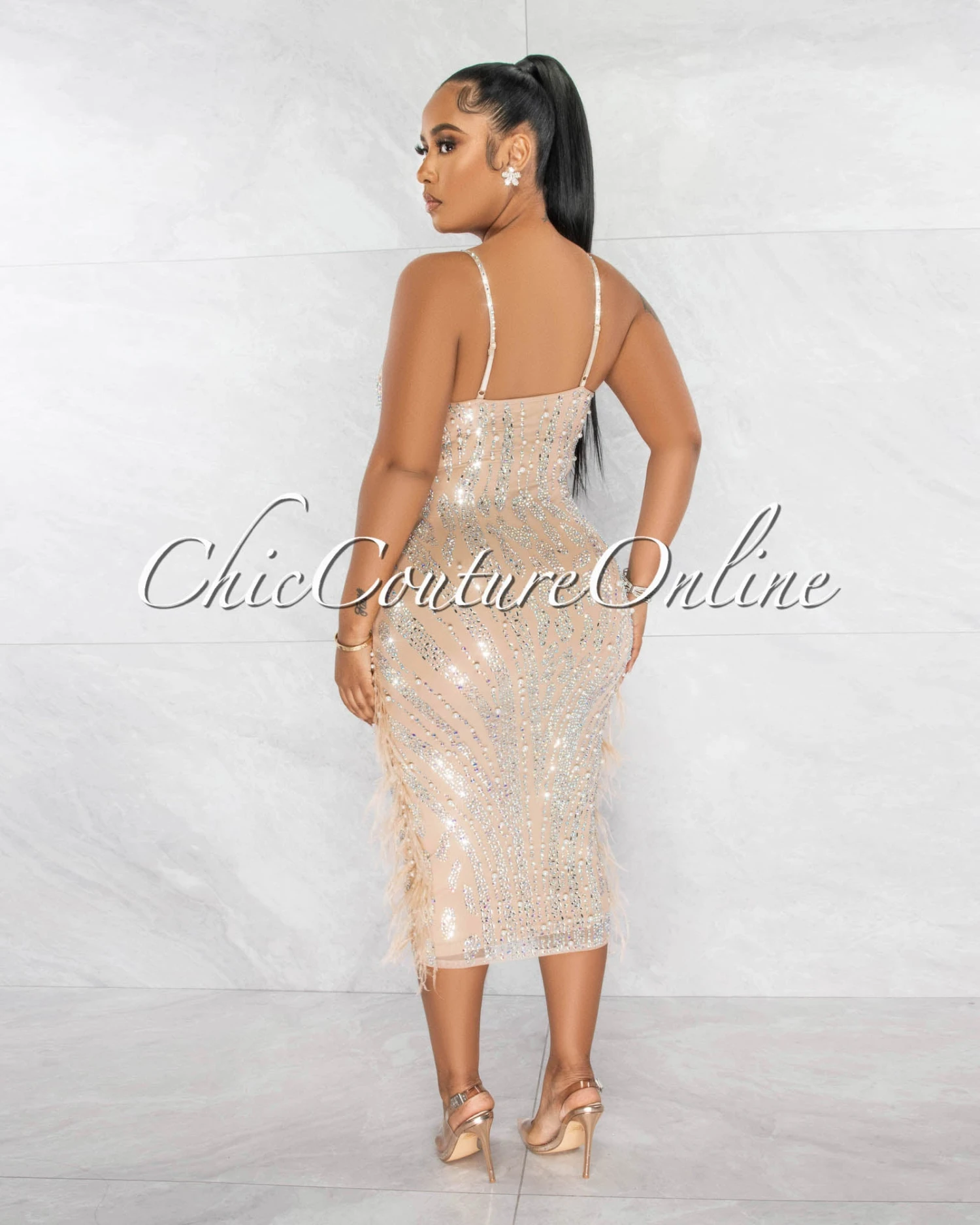 Ariana Nude Rhinestones Pearls & Feathers Midi Dress - Image 3