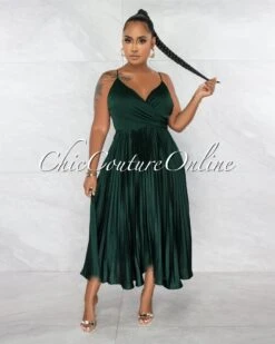 Kallie Hunter Green Key-Hole Back Tie Pleated Silky Midi Dress