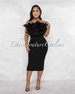 Tempest Black Feather Neckline Midi Bandage Dress