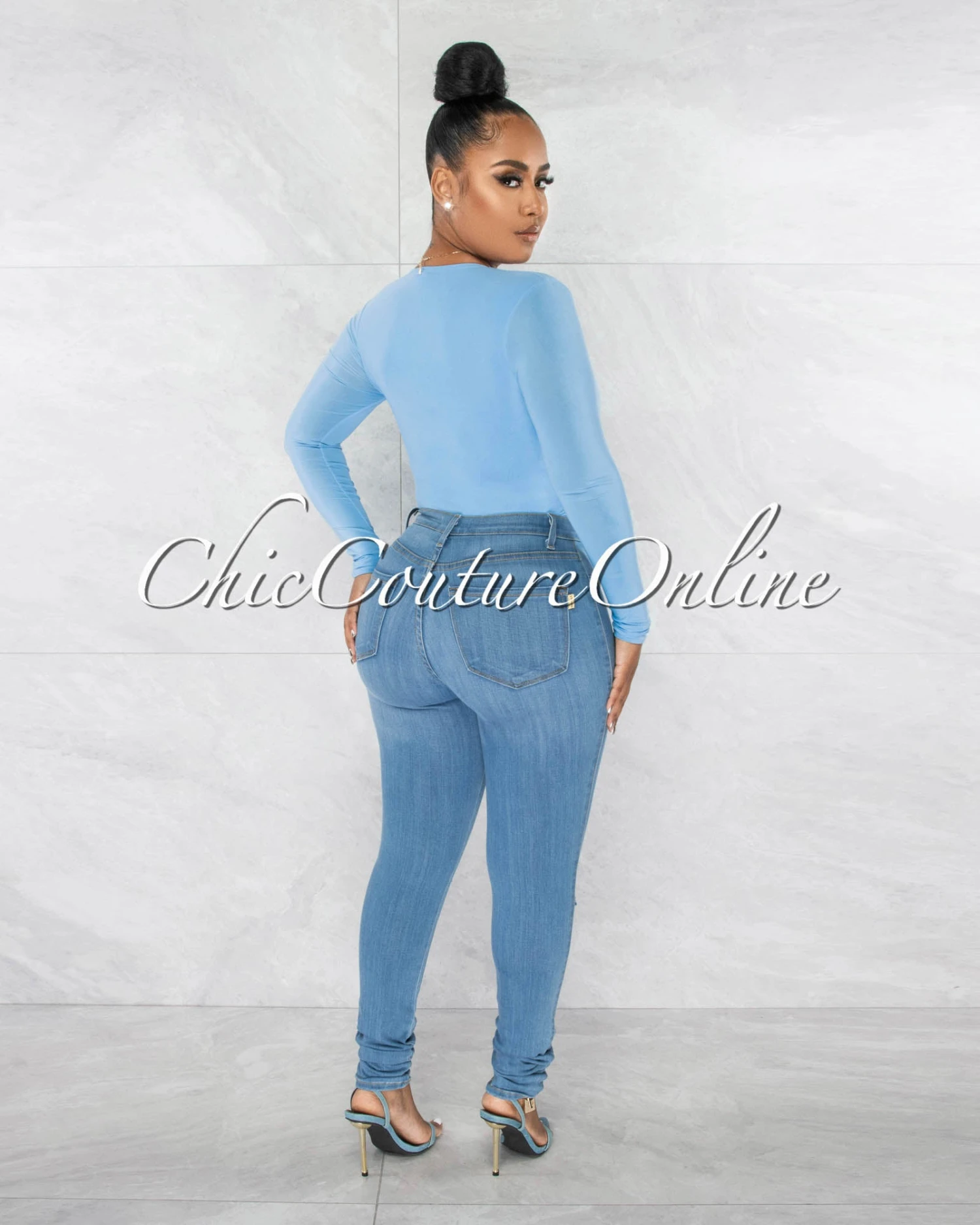 Nilam Baby Blue Deep V Neck Long Sleeves Bodysuit - Image 5