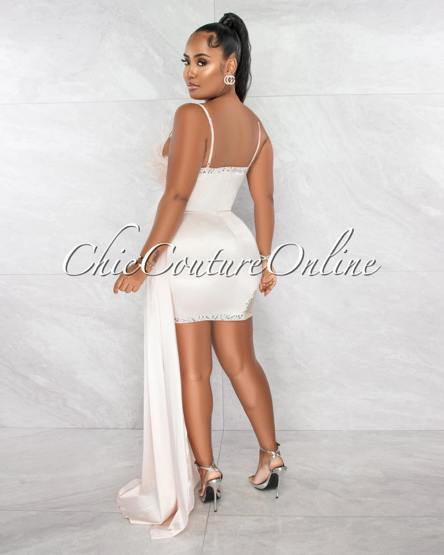 Udar Light Peach Feather Rhinestones Train Dress - Image 9