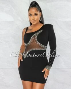 Ymara Black Silver Rhinestones Mesh Accent Mini Dress