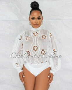 Sikina Off-White Sheer Embroidery Bodysuit