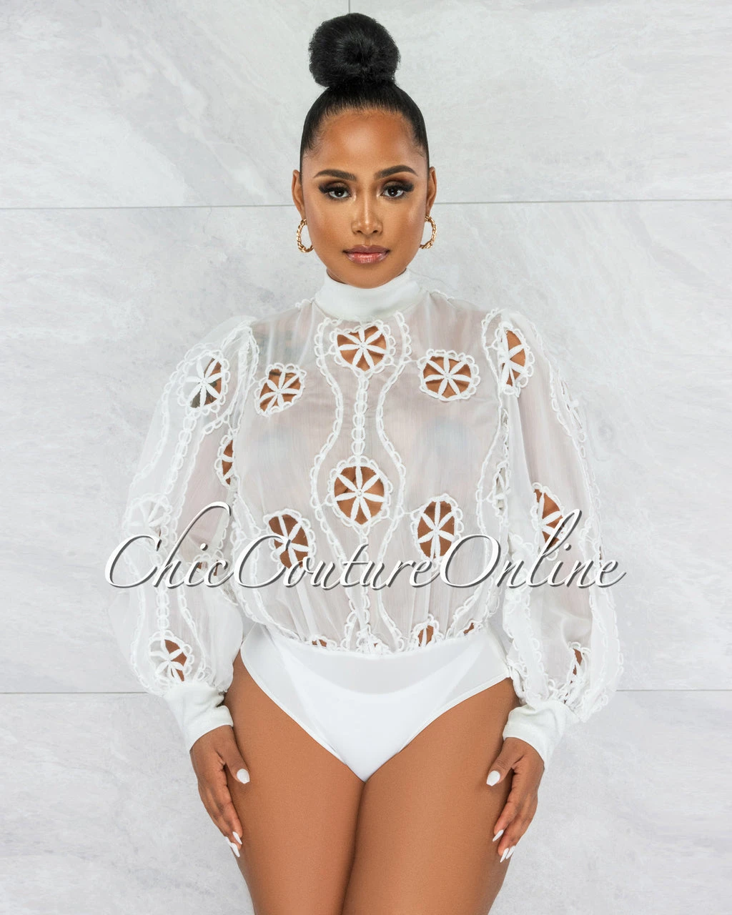 Sikina Off-White Sheer Embroidery Bodysuit
