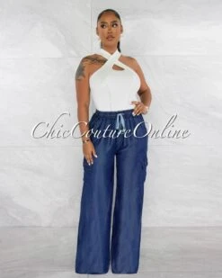 Nelson Dark Blue Cargo Chambray Wide Pants