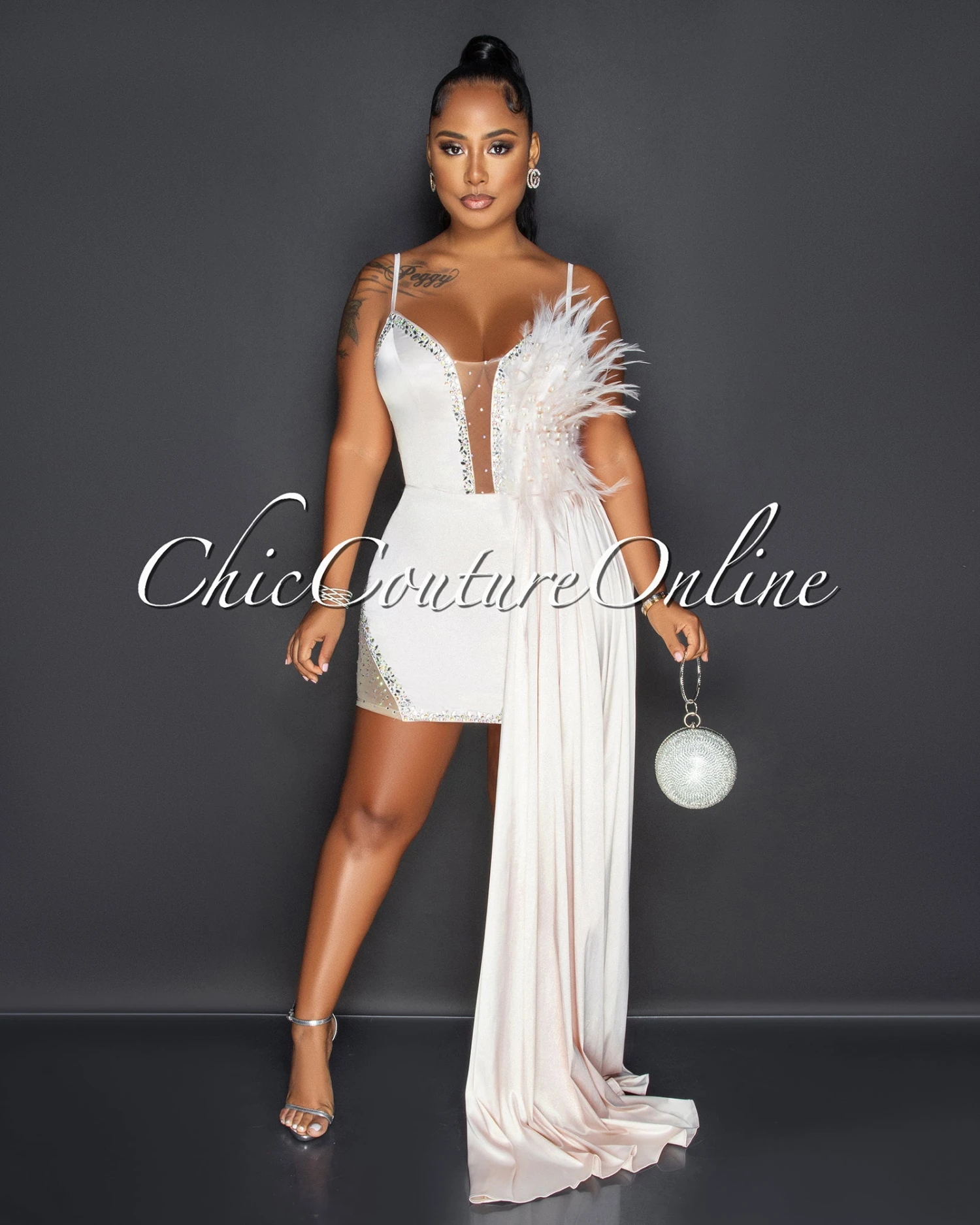 Udar Light Peach Feather Rhinestones Train Dress - Image 3