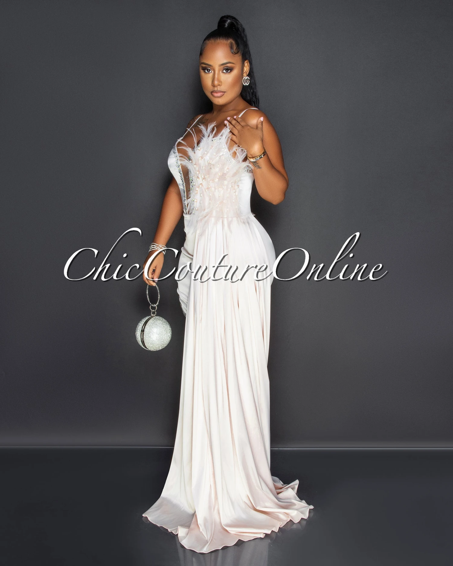 Udar Light Peach Feather Rhinestones Train Dress - Image 4