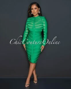 Lexey Green Mesh Bust Gold Studs Bandage Midi Dress