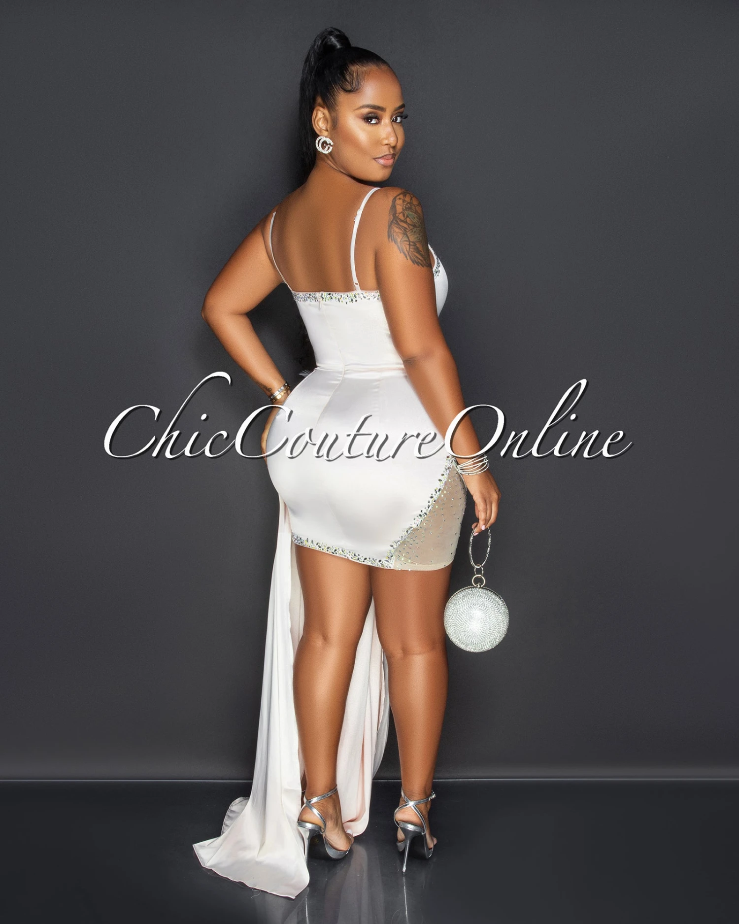 Udar Light Peach Feather Rhinestones Train Dress - Image 5