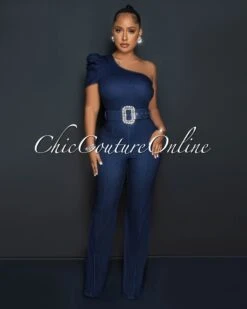 Olimpo Dark Denim Single Shoulder Rhinestones Buckle Belt Jumpsuit