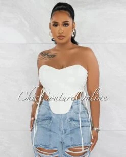 Claria Off-White Vegan Leather Lace-Up Corset Crop Top