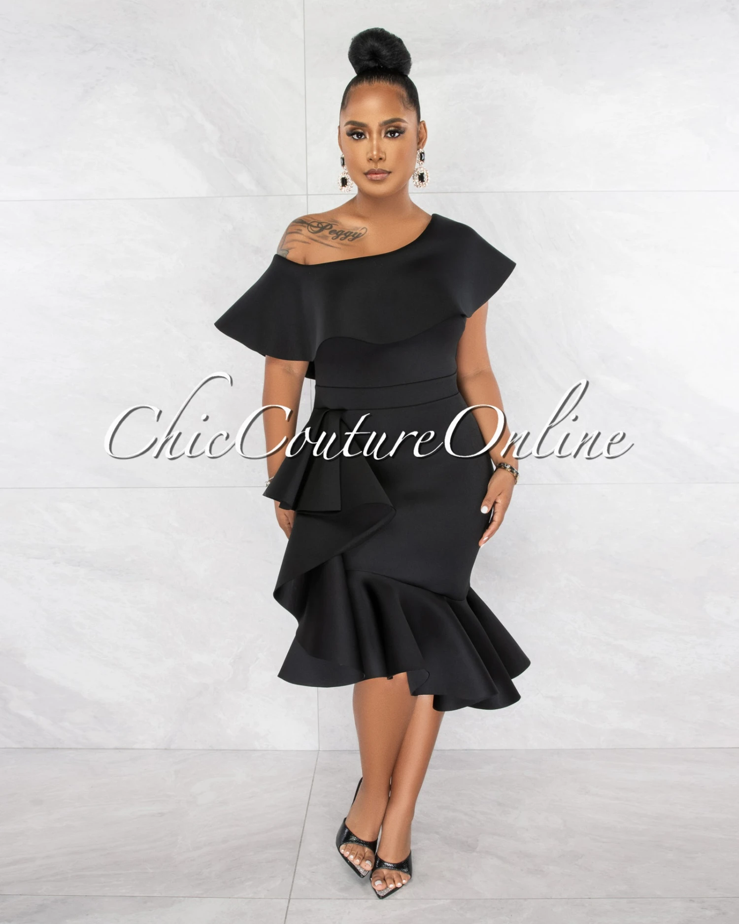 Hadara Black Ruffle Single Shoulder Ponti Midi Dress - Image 2