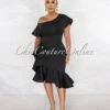 Hadara Black Ruffle Single Shoulder Ponti Midi Dress