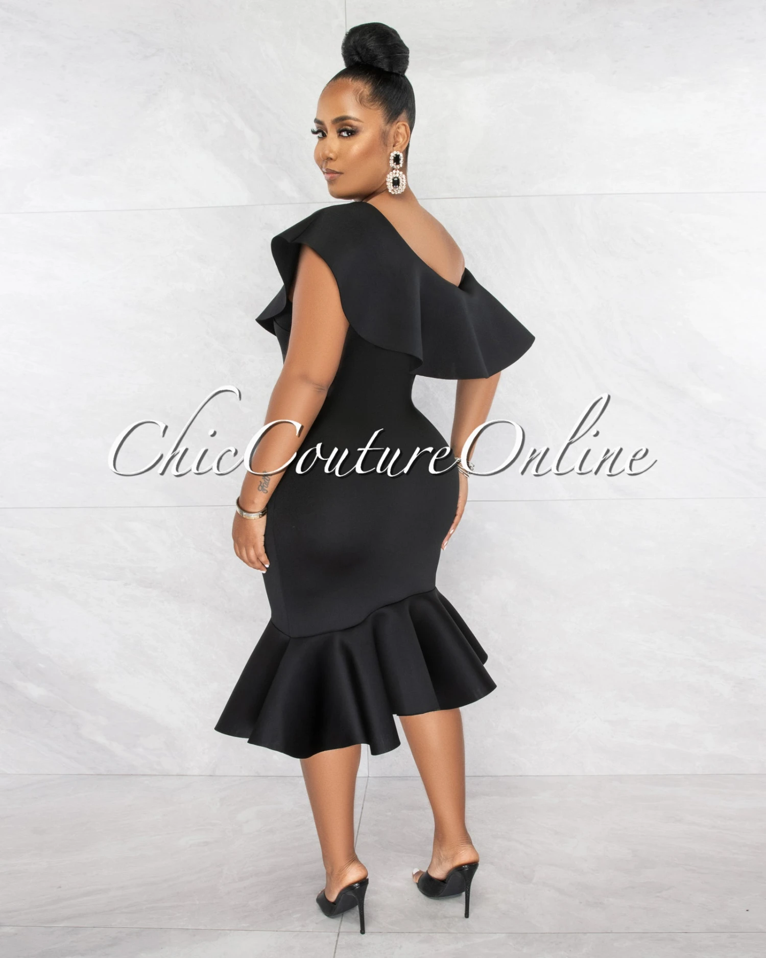 Hadara Black Ruffle Single Shoulder Ponti Midi Dress - Image 3