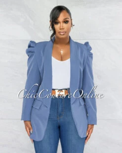 Dorcas Steel Blue Bubble Sleeves Long Blazer