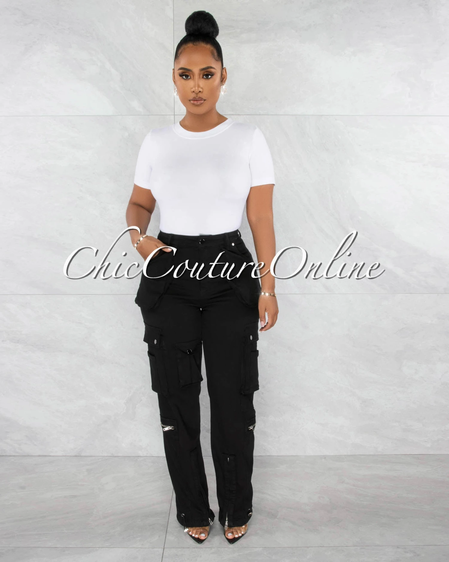 Madison Black Silver Accents Wide Cargo Pants