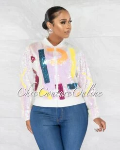 Elira White Multi-Color Print Sequins Bomber Jacket