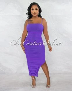 Yerina Purple Ruched Bodice Side Slit Maxi Dress