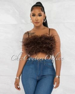 Norie Brown Feathers Crop Top
