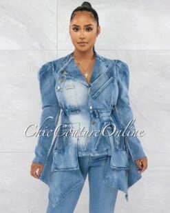 Rania Washed Denim Bubble Sleeves Peplum Jacket